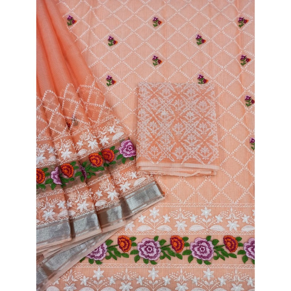 Pure Cotton Kota Doria Chikenkari Orange Saree with blouse Handcrafted-Indiehaat