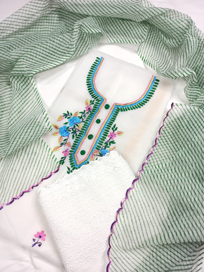 Kota Doria Embroidery White Suit Material with Leheriya Green Dupatta and Chikenkari Bottom-Indiehaat