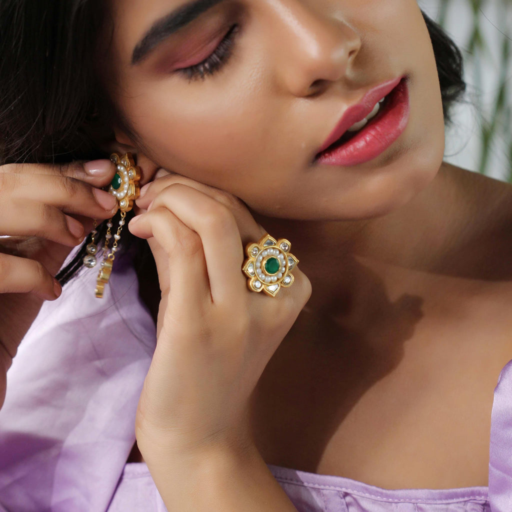 White Pearl with Green Stone Majestic Ring Rings - By Unniyarcha - Original Manufacturers of Silver Jewelry, Gold Plated Jewellery, Fashion Jewellery and Personalized Soul Bands and Personalized Jewelry