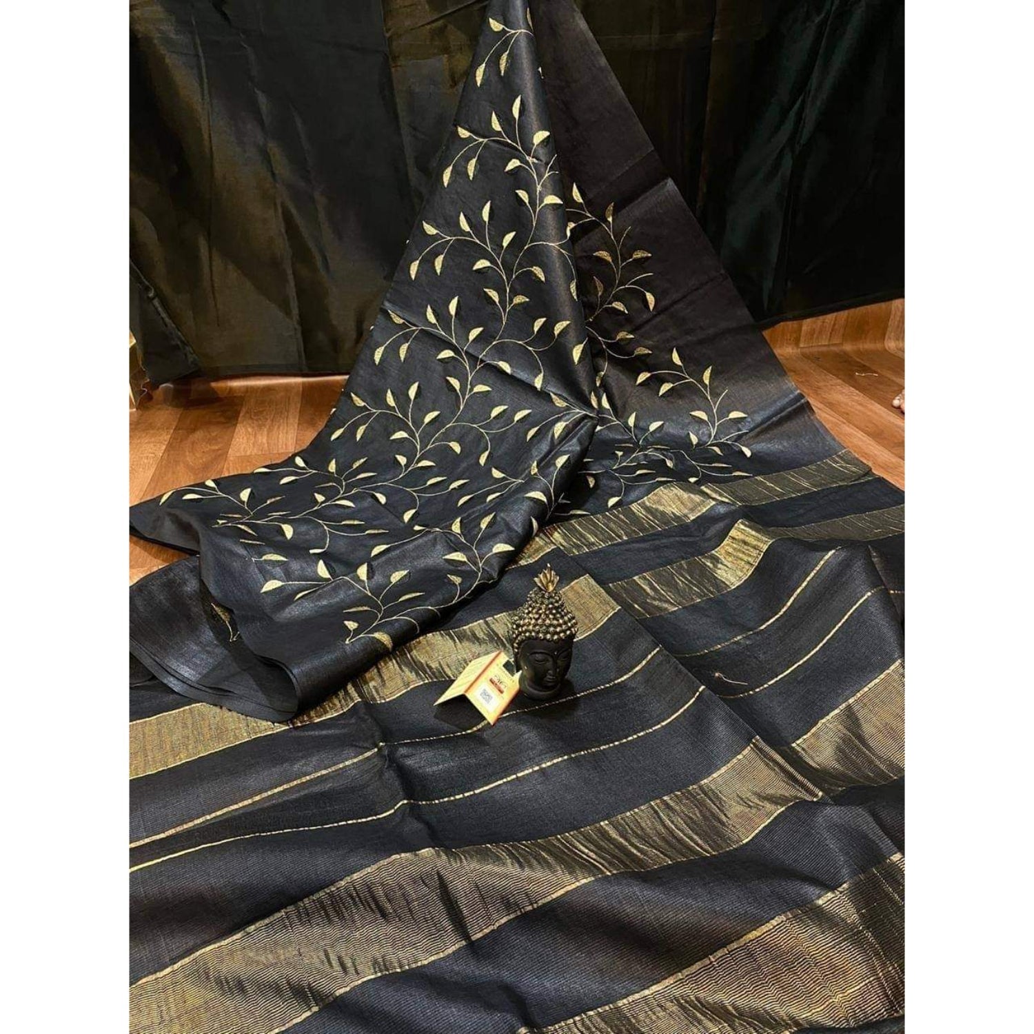 Eri Silk Digital Embroidered Black Saree with Running Blouse-Indiehaat
