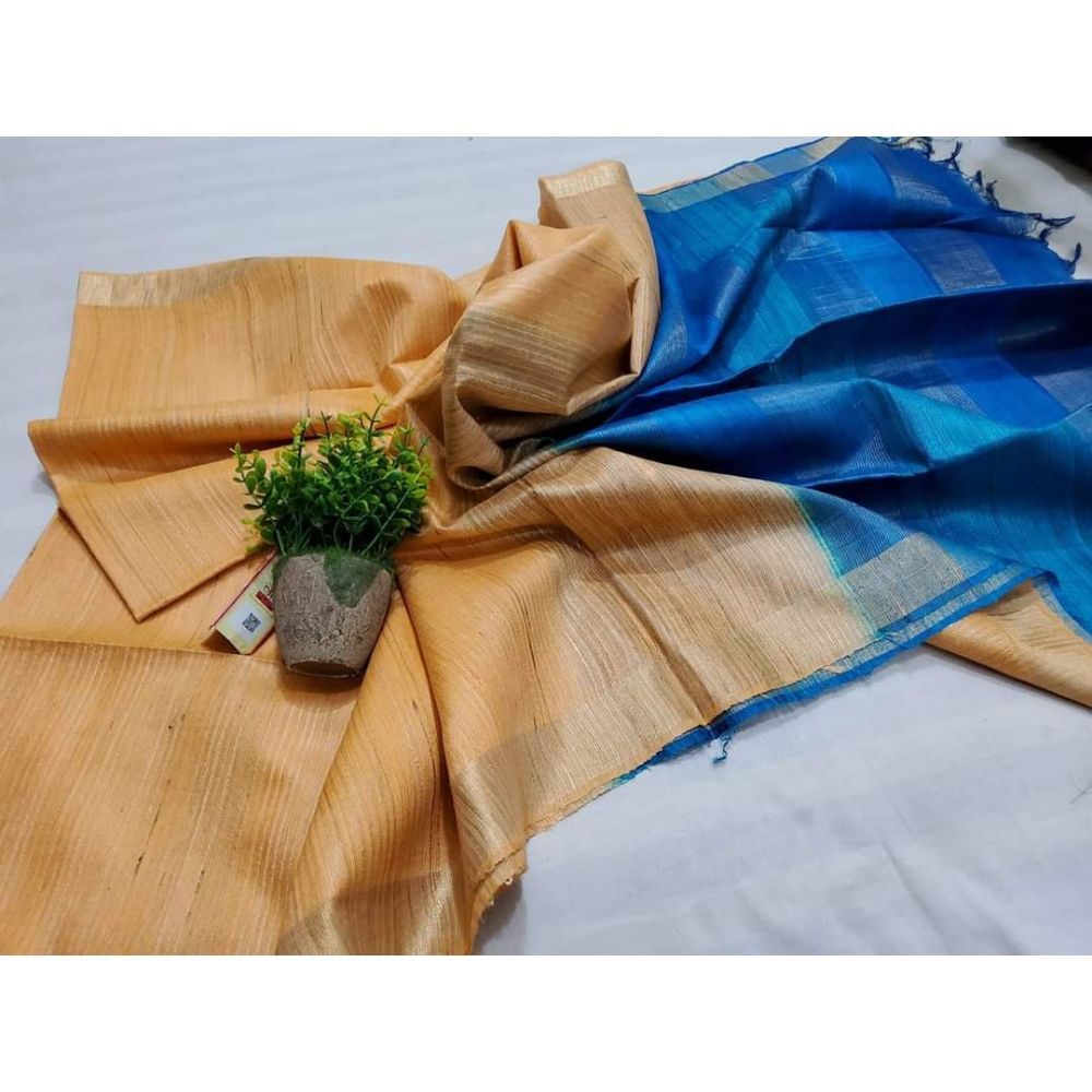 Eri Tussar Striped Body Peach Saree with Blue Pallu Blouse-Indiehaat