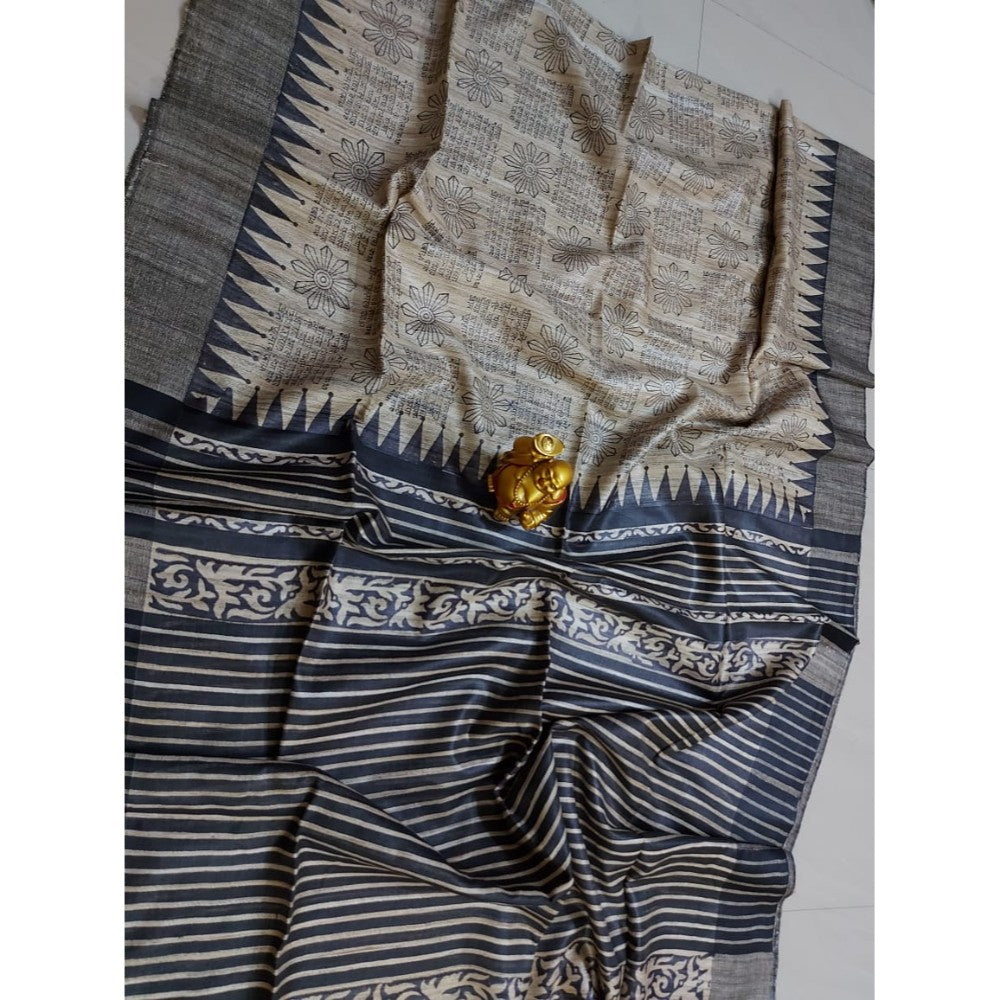 Silkmark Certified Tussar Silk Handloom Handblock Printed Black Saree with Blouse-Indiehaat